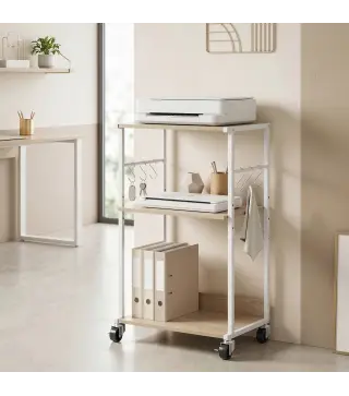 Soporte para Impresora de 3 Niveles con Ruedas Mueble para Impresora con Ganchos y Marco Metálico Madera Natural