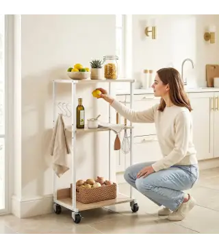Soporte para Impresora de 3 Niveles con Ruedas Mueble para Impresora con Ganchos y Marco Metálico Madera Natural