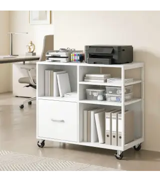 Mueble para Impresora con Ruedas Mesa para Impresora con Estantes Abiertos y Cajón para Documentos Tamaño A4 Blanco