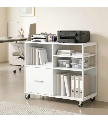 Mueble para Impresora con Ruedas Mesa para Impresora con Estantes Abiertos y Cajón para Documentos Tamaño A4 Blanco