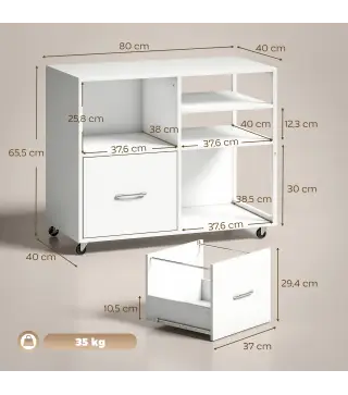 Mueble para Impresora con Ruedas Mesa para Impresora con Estantes Abiertos y Cajón para Documentos Tamaño A4 Blanco