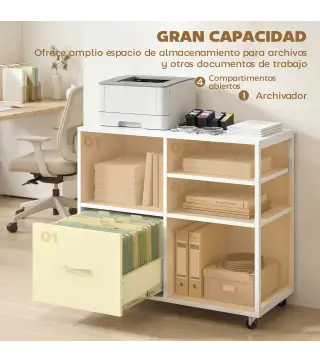 Mueble para Impresora con Ruedas Mesa para Impresora con Estantes Abiertos y Cajón para Documentos Tamaño A4 Blanco