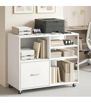 Mueble para Impresora con Ruedas Mesa para Impresora con Estantes Abiertos y Cajón para Documentos Tamaño A4 Blanco