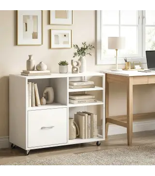 Mueble para Impresora con Ruedas Mesa para Impresora con Estantes Abiertos y Cajón para Documentos Tamaño A4 Blanco