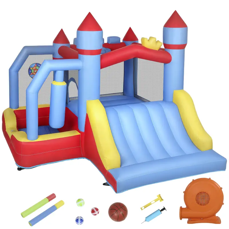 Castillo Hinchable para Niños con Soplador Tobogán Trampolín Piscina Pilar de Boxeo y Aro de Baloncesto 277x270x215 cm