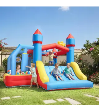 Castillo Hinchable para Niños con Soplador Tobogán Trampolín Piscina Pilar de Boxeo y Aro de Baloncesto 277x270x215 cm