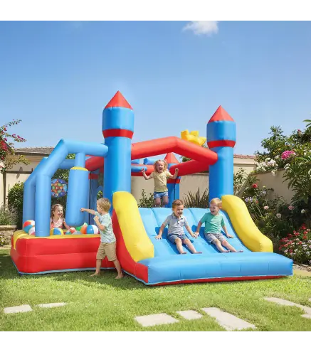 Castillo Hinchable para Niños con Soplador Tobogán Trampolín Piscina Pilar de Boxeo y Aro de Baloncesto 277x270x215 cm