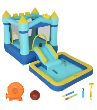 Castillo Hinchable para Niños con Soplador Tobogán Cama Elástica Piscina y Aro de Baloncesto para Niños 3-8 Años Azul
