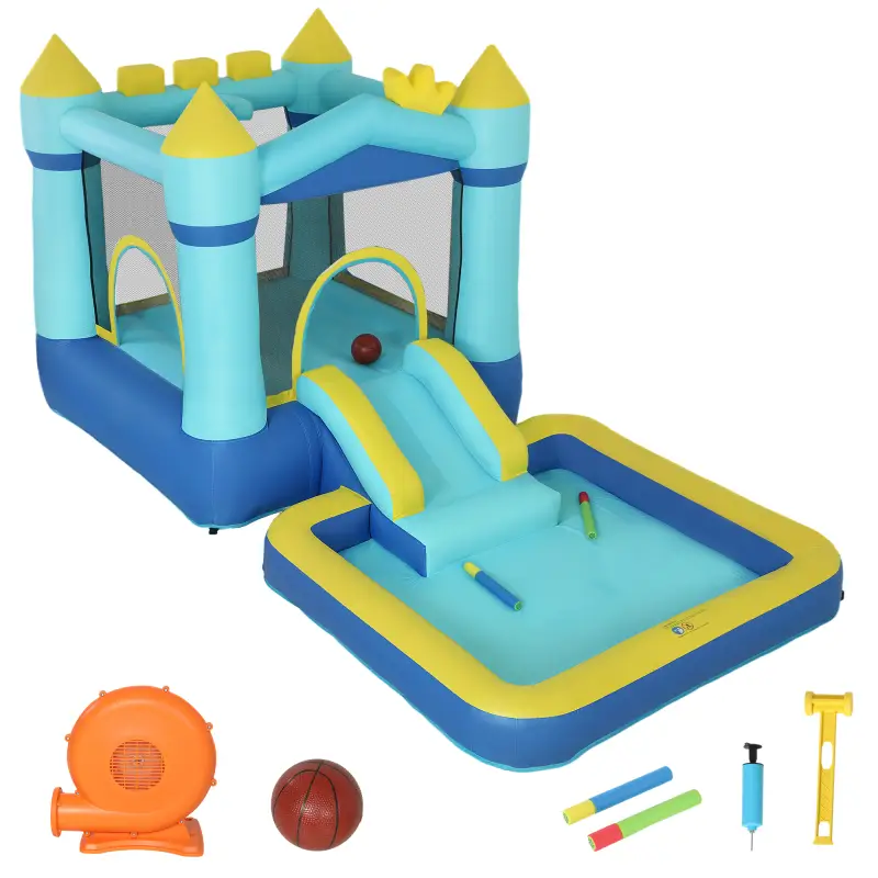 Castillo Hinchable para Niños con Soplador Tobogán Cama Elástica Piscina y Aro de Baloncesto para Niños 3-8 Años Azul