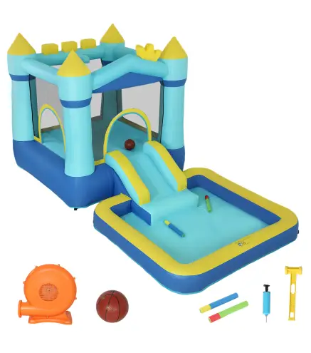 Castillo Hinchable para Niños con Soplador Tobogán Cama Elástica Piscina y Aro de Baloncesto para Niños 3-8 Años Azul
