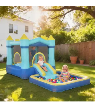 Castillo Hinchable para Niños con Soplador Tobogán Cama Elástica Piscina y Aro de Baloncesto para Niños 3-8 Años Azul