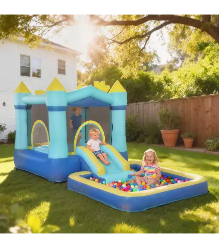 Castillo Hinchable para Niños con Soplador Tobogán Cama Elástica Piscina y Aro de Baloncesto para Niños 3-8 Años Azul