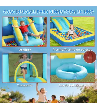 Castillo Hinchable para Niños con Soplador Tobogán Cama Elástica Piscina y Aro de Baloncesto para Niños 3-8 Años Azul