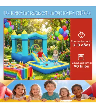 Castillo Hinchable para Niños con Soplador Tobogán Cama Elástica Piscina y Aro de Baloncesto para Niños 3-8 Años Azul