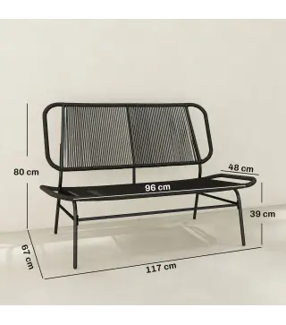 Sofá Exterior de Ratán de 2 Plazas con Asiento y Respaldo Tejidos de Ratán Estructura de Acero Carga 240 kg Negro