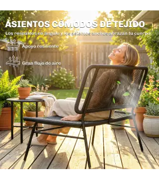 Sofá Exterior de Ratán de 2 Plazas con Asiento y Respaldo Tejidos de Ratán Estructura de Acero Carga 240 kg Negro