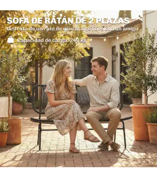 Sofá Exterior de Ratán de 2 Plazas con Asiento y Respaldo Tejidos de Ratán Estructura de Acero Carga 240 kg Negro