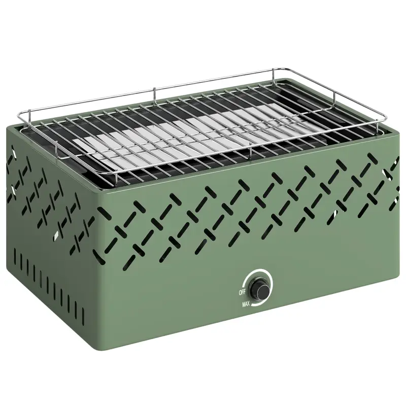 Barbacoa de Carbón 45,5x29x21 cm con Ventilador Integrado Temperatura Ajustable y Bandeja de Carbón Verde Claro