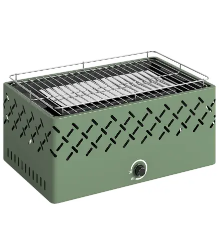 Barbacoa de Carbón 45,5x29x21 cm con Ventilador Integrado Temperatura Ajustable y Bandeja de Carbón Verde Claro