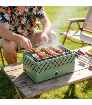 Barbacoa de Carbón 45,5x29x21 cm con Ventilador Integrado Temperatura Ajustable y Bandeja de Carbón Verde Claro