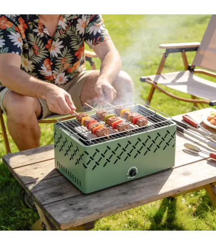 Barbacoa de Carbón 45,5x29x21 cm con Ventilador Integrado Temperatura Ajustable y Bandeja de Carbón Verde Claro