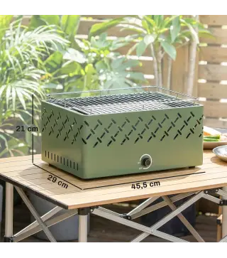 Barbacoa de Carbón 45,5x29x21 cm con Ventilador Integrado Temperatura Ajustable y Bandeja de Carbón Verde Claro