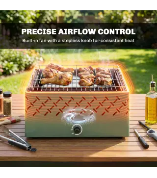 Barbacoa de Carbón 45,5x29x21 cm con Ventilador Integrado Temperatura Ajustable y Bandeja de Carbón Verde Claro