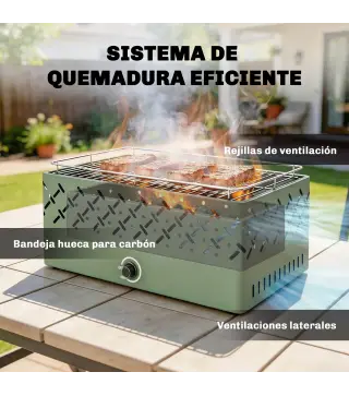 Barbacoa de Carbón 45,5x29x21 cm con Ventilador Integrado Temperatura Ajustable y Bandeja de Carbón Verde Claro