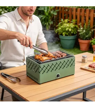 Barbacoa de Carbón 45,5x29x21 cm con Ventilador Integrado Temperatura Ajustable y Bandeja de Carbón Verde Claro