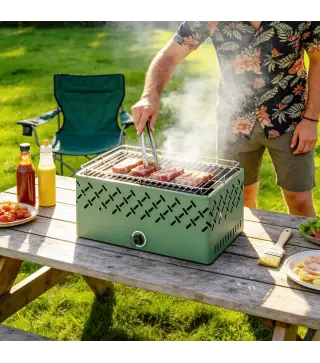 Barbacoa de Carbón 45,5x29x21 cm con Ventilador Integrado Temperatura Ajustable y Bandeja de Carbón Verde Claro