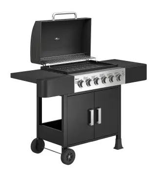 Barbacoa de Gas con 6 Quemadores Termómetro Parrilla Mesas Laterales Armario y Ruedas 135x51x101 cm Negro