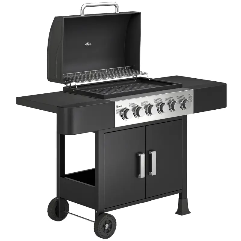 Barbacoa de Gas con 6 Quemadores Termómetro Parrilla Mesas Laterales Armario y Ruedas 135x51x101 cm Negro Barbacoa de Gas con 6 Quemadores Termómetro Parrilla Mesas Laterales Armario y Ruedas 135x51x101 cm Negro