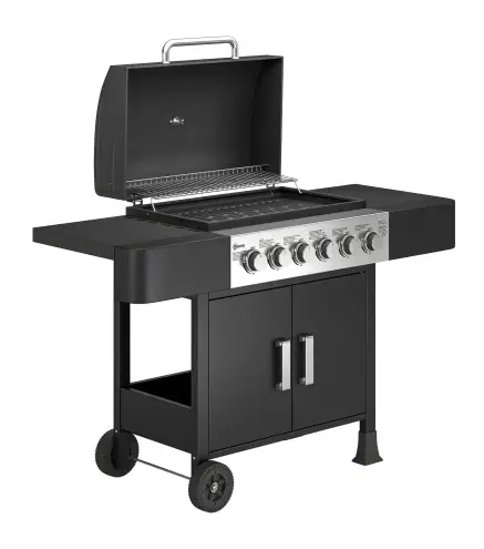 Barbacoa de Gas con 6 Quemadores Termómetro Parrilla Mesas Laterales Armario y Ruedas 135x51x101 cm Negro