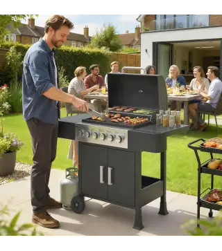 Barbacoa de Gas con 6 Quemadores Termómetro Parrilla Mesas Laterales Armario y Ruedas 135x51x101 cm Negro