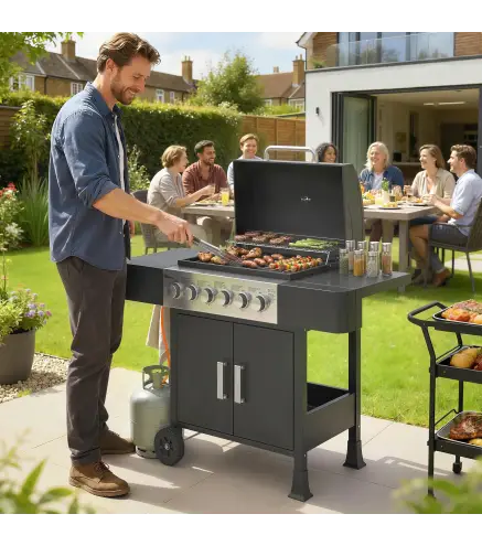 Barbacoa de Gas con 6 Quemadores Termómetro Parrilla Mesas Laterales Armario y Ruedas 135x51x101 cm Negro