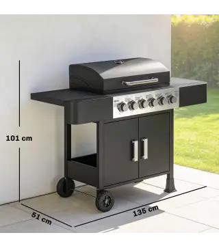 Barbacoa de Gas con 6 Quemadores Termómetro Parrilla Mesas Laterales Armario y Ruedas 135x51x101 cm Negro