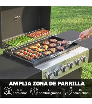Barbacoa de Gas con 6 Quemadores Termómetro Parrilla Mesas Laterales Armario y Ruedas 135x51x101 cm Negro