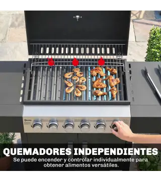 Barbacoa de Gas con 6 Quemadores Termómetro Parrilla Mesas Laterales Armario y Ruedas 135x51x101 cm Negro