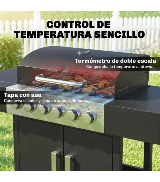 Barbacoa de Gas con 6 Quemadores Termómetro Parrilla Mesas Laterales Armario y Ruedas 135x51x101 cm Negro