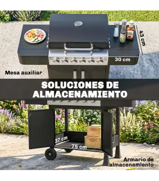 Barbacoa de Gas con 6 Quemadores Termómetro Parrilla Mesas Laterales Armario y Ruedas 135x51x101 cm Negro