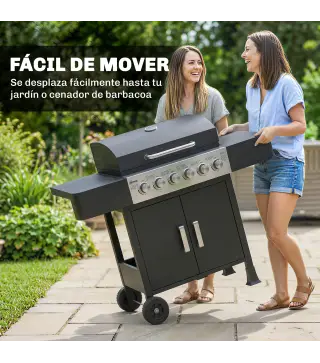 Barbacoa de Gas con 6 Quemadores Termómetro Parrilla Mesas Laterales Armario y Ruedas 135x51x101 cm Negro