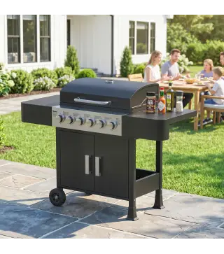 Barbacoa de Gas con 6 Quemadores Termómetro Parrilla Mesas Laterales Armario y Ruedas 135x51x101 cm Negro