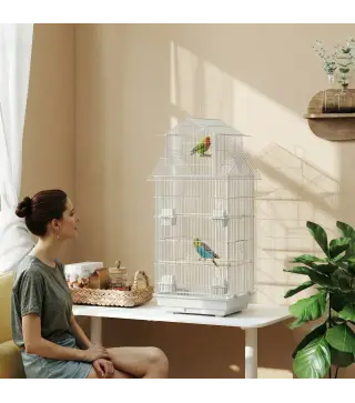 Jaula para Pájaros de Acero con Comederos Perchas Columpio y Bandeja Extraíble 50,5x41x104 cm Blanco