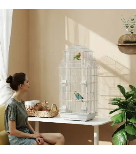 Jaula para Pájaros de Acero con Comederos Perchas Columpio y Bandeja Extraíble 50,5x41x104 cm Blanco