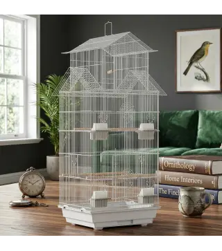 Jaula para Pájaros de Acero con Comederos Perchas Columpio y Bandeja Extraíble 50,5x41x104 cm Blanco