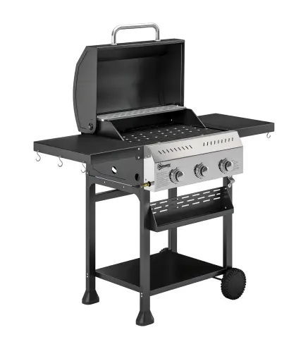 Barbacoa de Gas con 3 Quemadores Termómetro Parrilla Mesas Laterales Plegables Estante y Ruedas 123x57x102 cm Negro