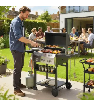 Barbacoa de Gas con 3 Quemadores Termómetro Parrilla Mesas Laterales Plegables Estante y Ruedas 123x57x102 cm Negro