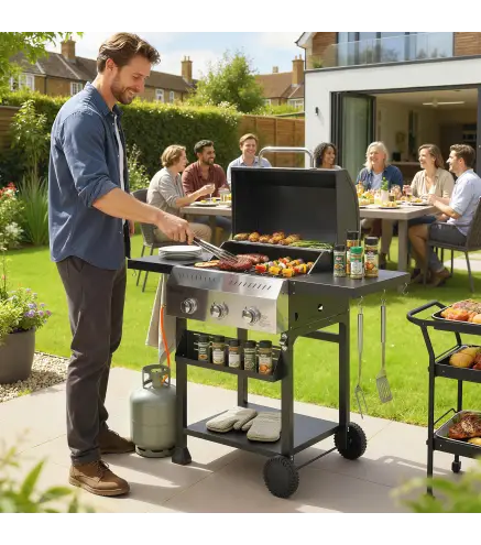 Barbacoa de Gas con 3 Quemadores Termómetro Parrilla Mesas Laterales Plegables Estante y Ruedas 123x57x102 cm Negro