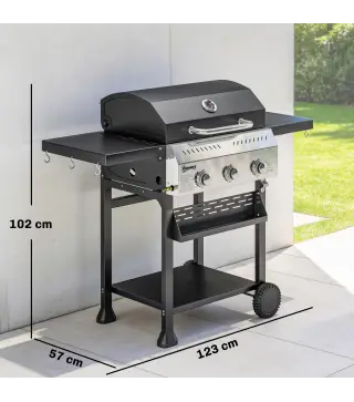 Barbacoa de Gas con 3 Quemadores Termómetro Parrilla Mesas Laterales Plegables Estante y Ruedas 123x57x102 cm Negro