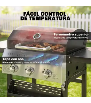 Barbacoa de Gas con 3 Quemadores Termómetro Parrilla Mesas Laterales Plegables Estante y Ruedas 123x57x102 cm Negro